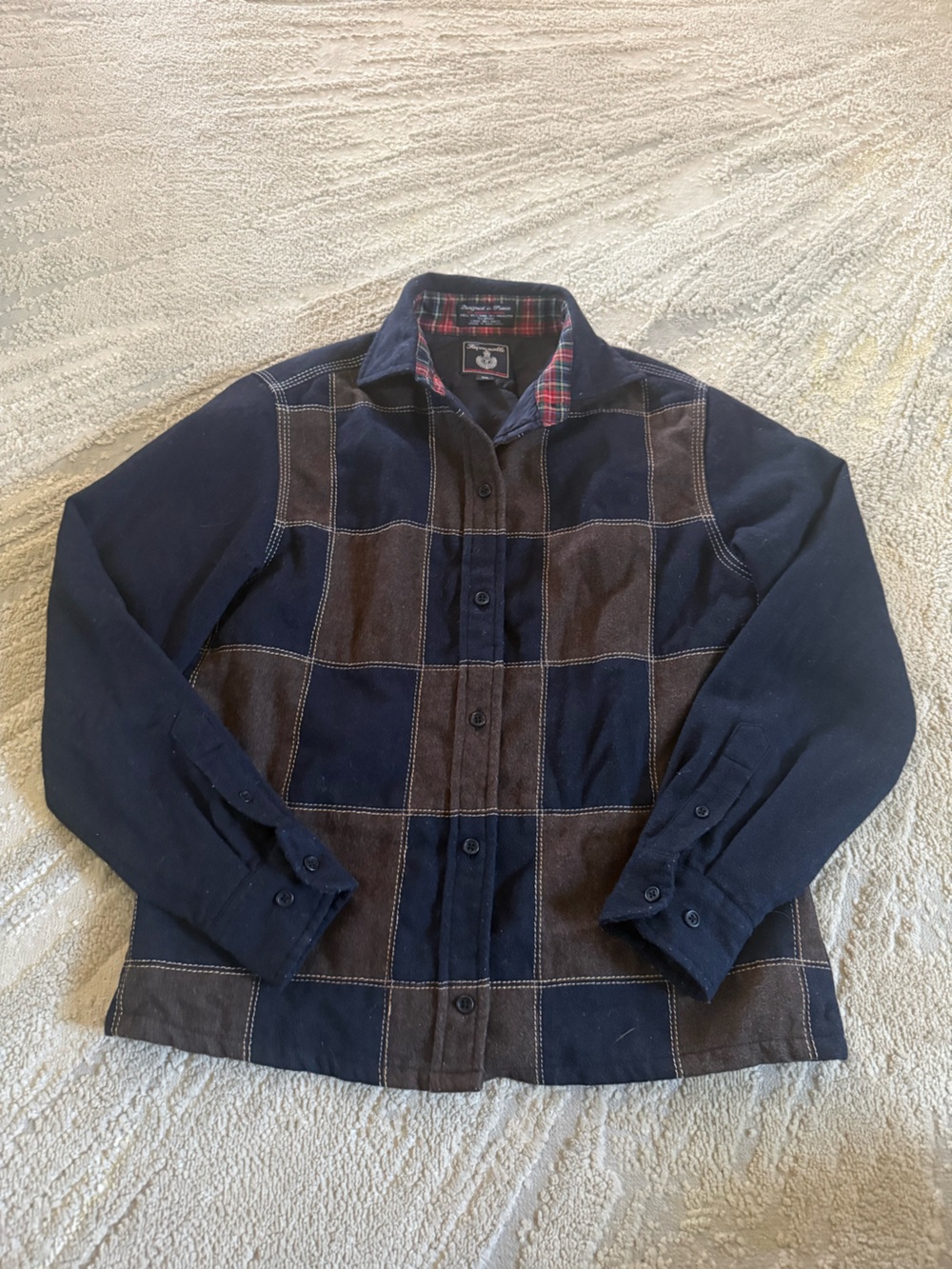 Faconnable Navy Brown Check checker Button Up thick shirt Wool Blend XS
